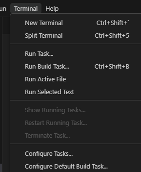 VSCode. The Terminal tab is hovered over, displaying the dropdown.